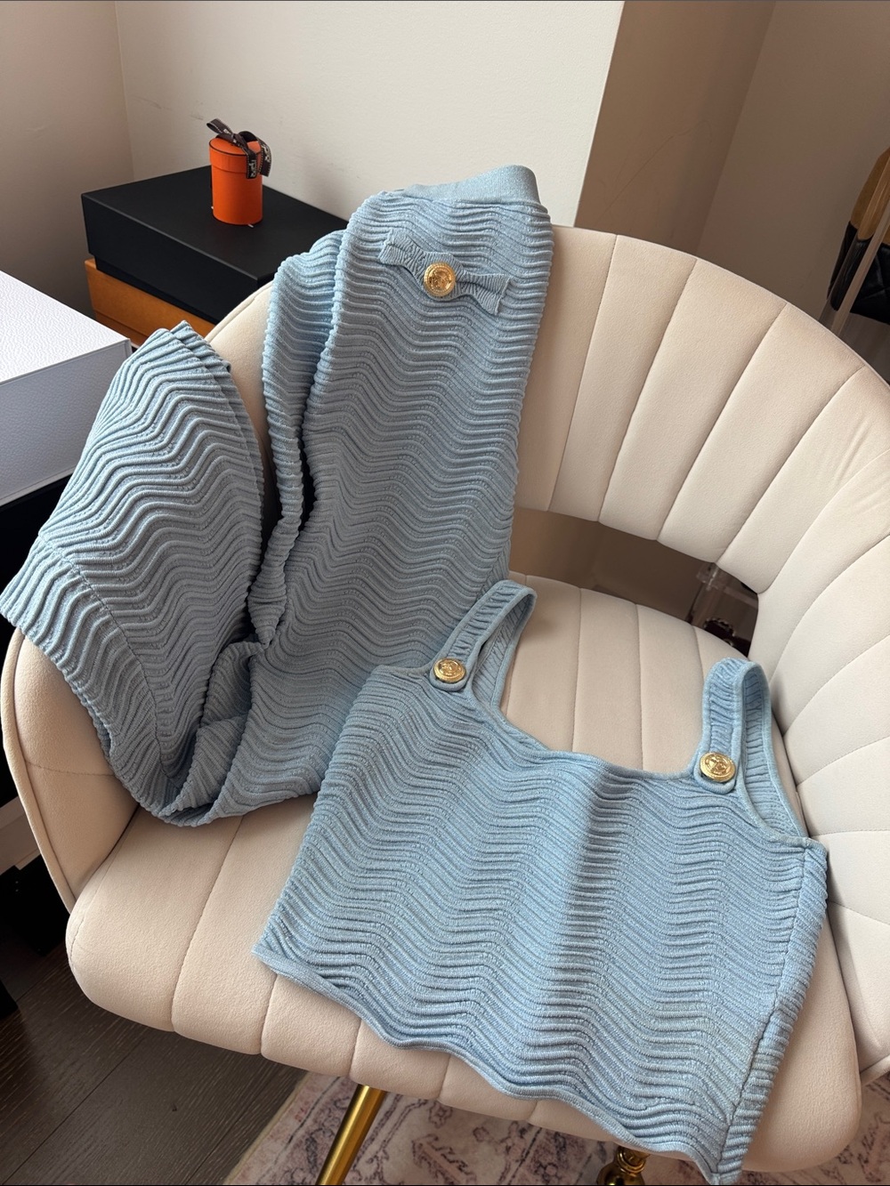 Retrofete Light Blue Wavy Knit Tank & Cardigan Set
